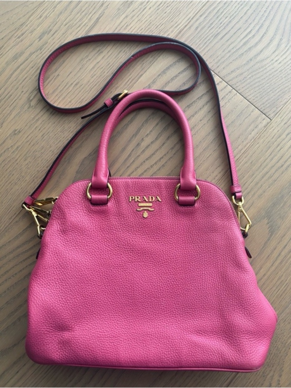 Prada Pink Pebbled Leather Crossbody Satchel with Gold Hardware